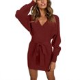 thumbnail image 3 of Vestido tipo suéter con cinturón, vestido tipo suéter cruzado con cuello en V para mujer, vestido ajustado con cuello en V elaborado con cuidado, 3 of 6