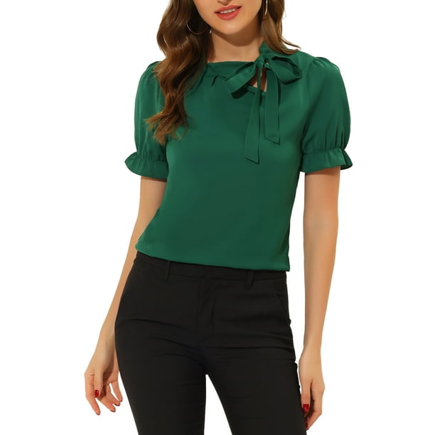INSPIRAR CHIC Blusas de Verano para Mujeres de Color Sólido con Lazo en el Cuello y Mangas Cortas para Usar en el Trabajo Verde Profundo 2XL