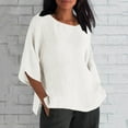 thumbnail image 4 of JIUKE Cotton Linen Tops for Women 3/4 Length Sleeve Shirts Round Neck Solid Color Side Split Loose Blouses, 4 of 9