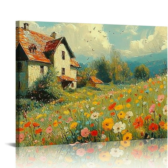 FCXZI Adults Paint by Numbers Kits on Canvas, A Field of Flowers with A House Painting Paint by Number Kit Arts and Crafts for Home Wall Decor Painting Kit  16x12in