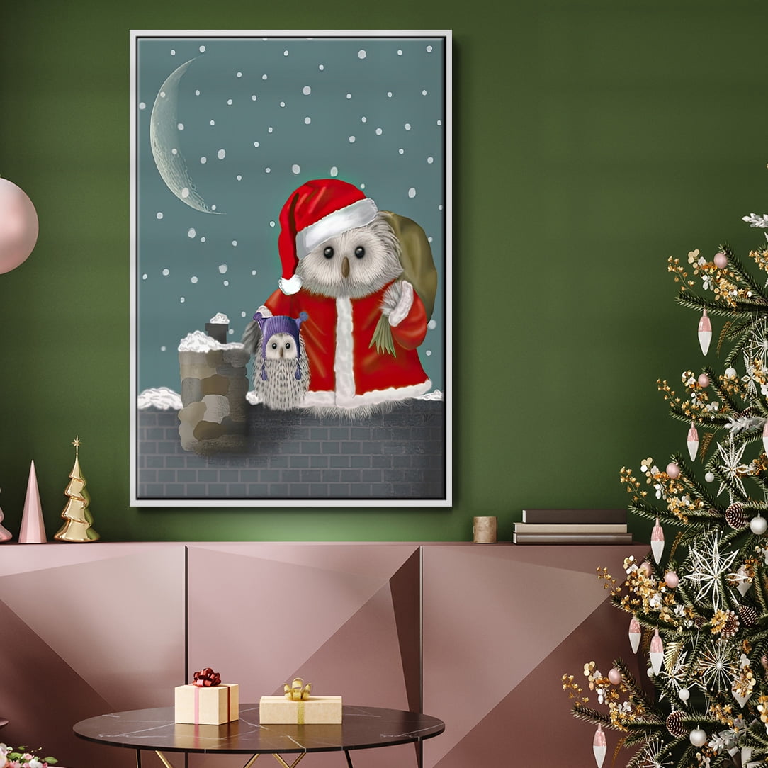 Christmas Santa Owl - Framed Gallery Wrapped Holiday Canvas - 17 x 25 - White Frame