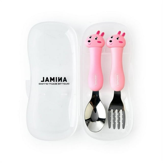 Amdohai 2Pcs Kids Silverware Travel Carry Set Children Portable Tableware Toddler Utensils Kids Spoon & Fork Set with Travel Case