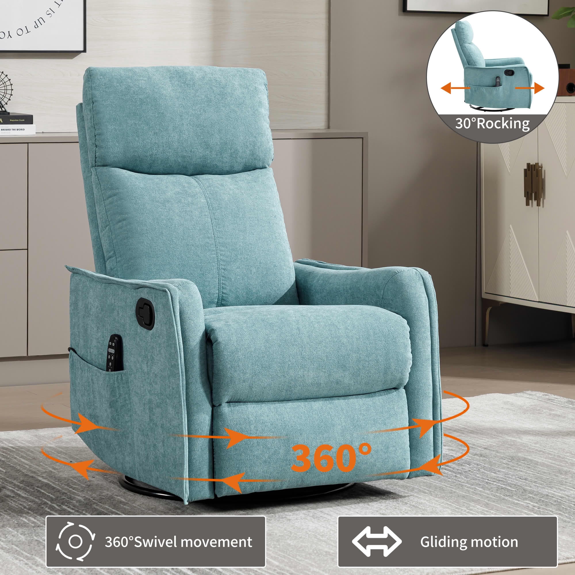 MAYEERTY Antique Blue Green Heat Massage Recliner Chair, 360° Swivel Rocker 27"x36"x40" for Living Room