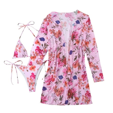 STETMN Women s 3 Pieces Bikini Set Swimsuit Tropical Beach Cover up Kimono Swimwear Bathing Suit with Boy Shorts