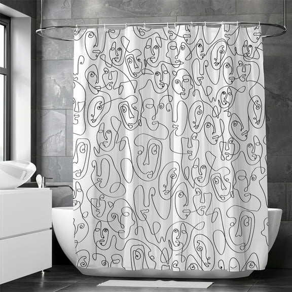 Art Deco Polyester Shower Curtain Black And White Line Little Person Face Dollar Bathroom Curtain Shower Curtain No Punch