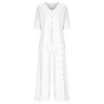 thumbnail image 5 of Scyoekwg Two Piece Outfits for Women Summer Cotton Linen Short Sleeve V-Neck Button Tops Wide Leg Pants Casual Trendy Sweatsuits Sets Loose Solid Color Outfits (White,L), 5 of 8