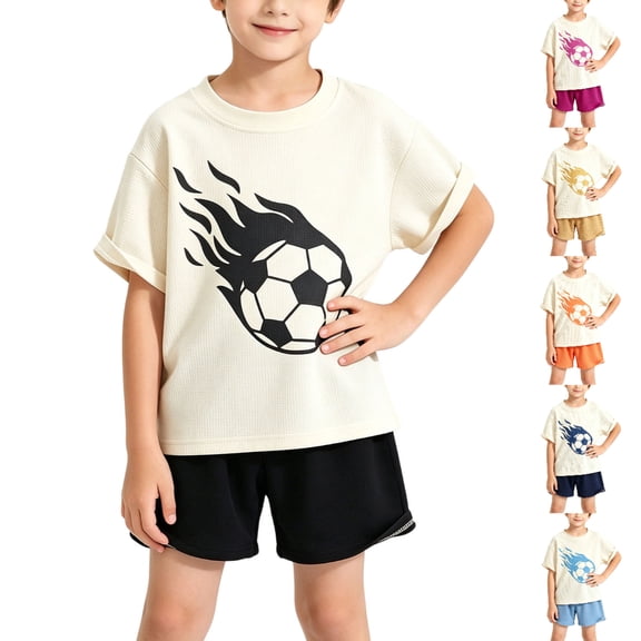 Afuyipoi Boys Girls 2-Piece Soccer Graphic Outfit (6 Months-12 Years) Waffle Knit Short Sleeve Top and Relaxed Shorts Set For Toddler and Kids Black 2T