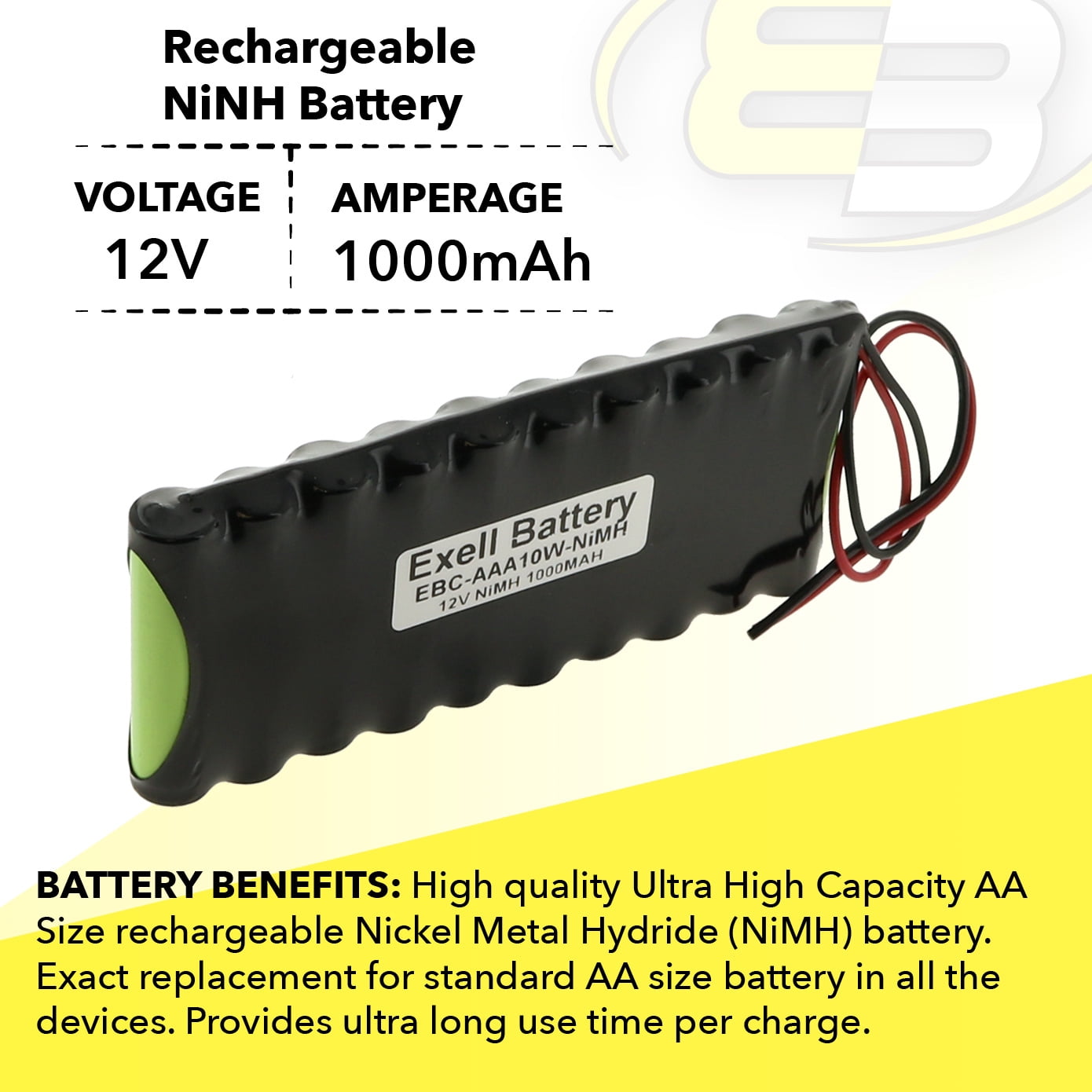 Exell 12V 1000mAh NiMH Battery Pack w/ 20AWG Open End Wire Leads