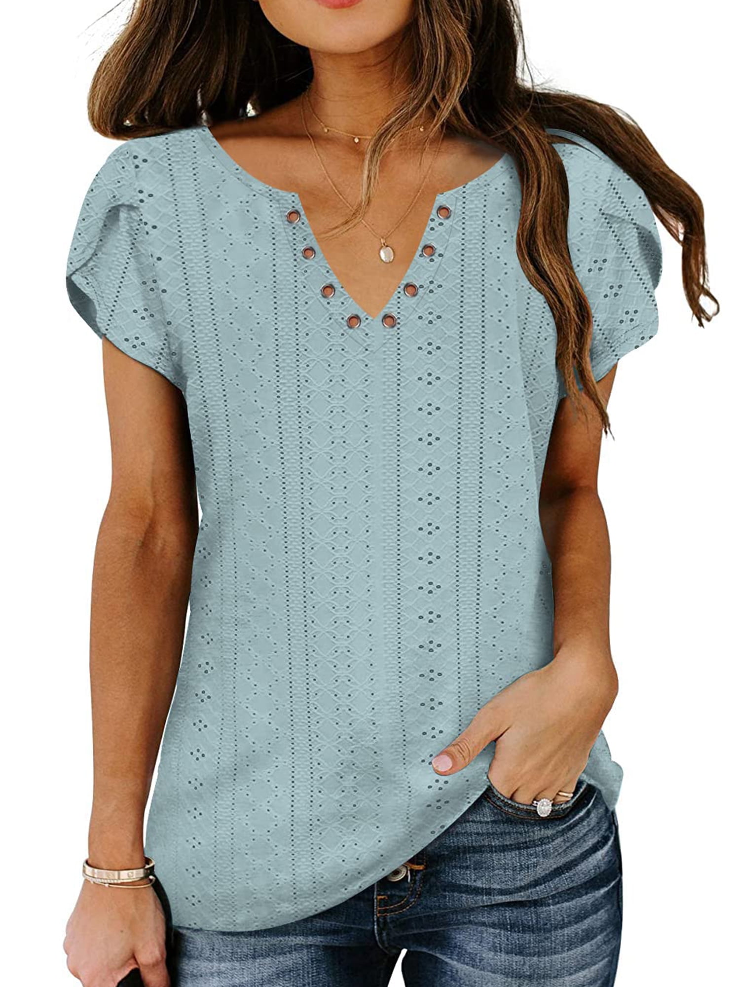 TEMOFON Women T-shirts Summer Short Sleeve Tops Casual Ruffle Sleeve Tunic Tops Trendy V Neck Tops Loose Ladies Shirts Blouses Blue 3XL