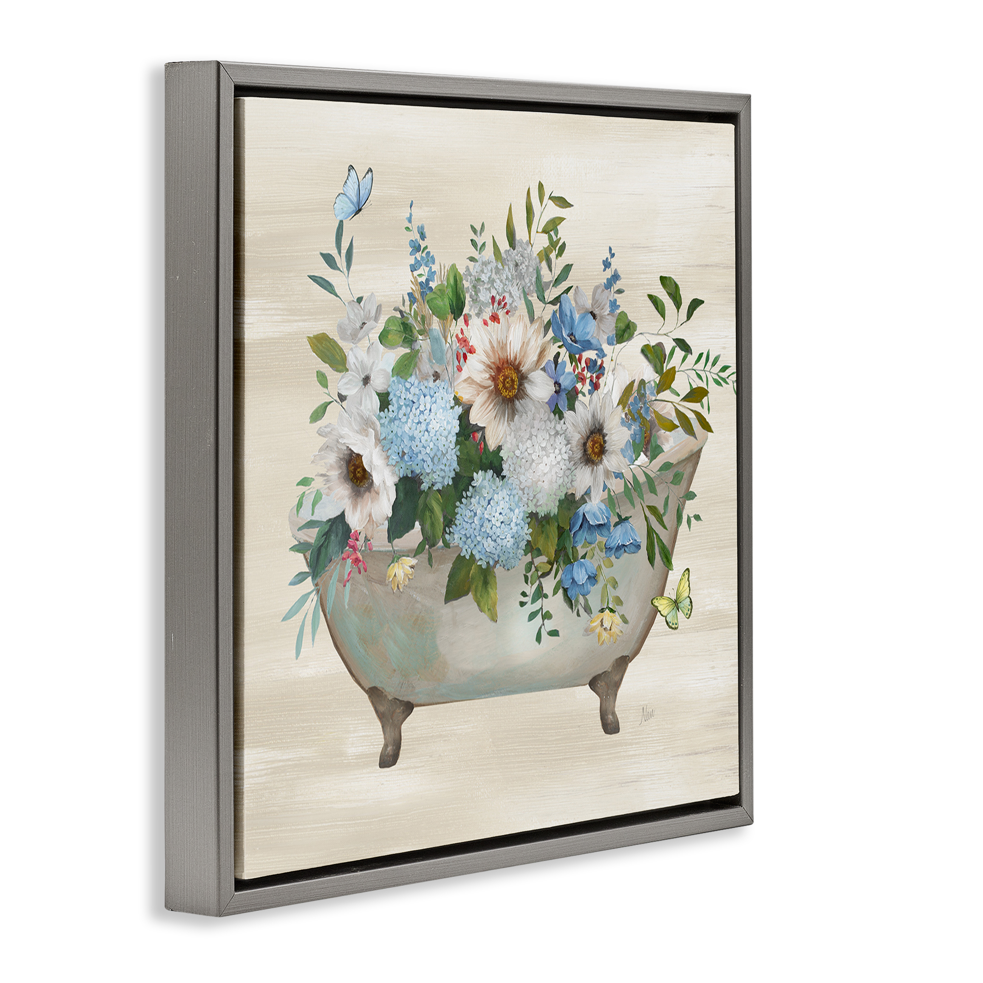 Stupell Industries Floral Bouquet Bathtub Typography Painting Gray Floater Framed Canvas Art Print Wall Art, 25 x 25