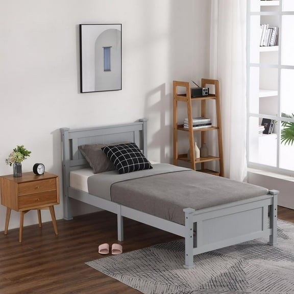 Zimtown Wood Platform Bed with Headboard / No Box Spring Needed / Wood Slat Support / Pine Finish, Twin