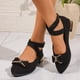 thumbnail image 2 of Zapatos de Tacón Bajo Strass Bow Mary Jane Sandalias, Zapatos Casuales de las Mujeres Más Tamaño Terciopelo Correa Crisscross Primavera Verano, 2 of 9