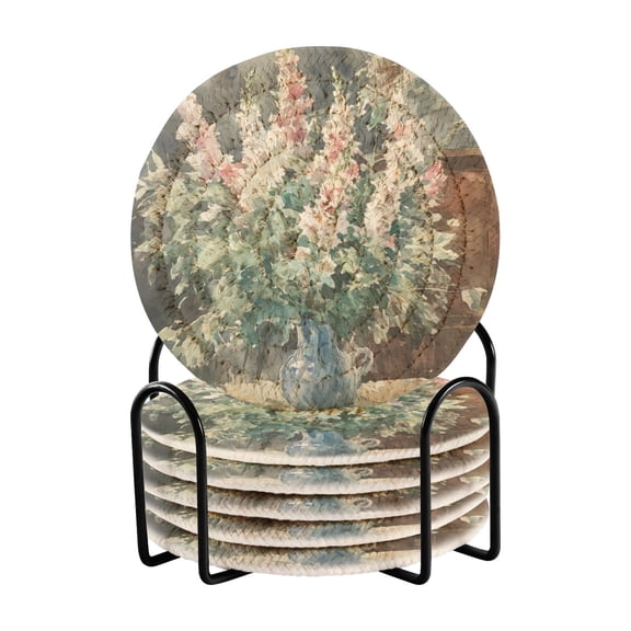 Watercolor Vase with Flowers Drink Coasters with Holder Absorbent Coaster for Coffee Table Room Decor 6 Pack