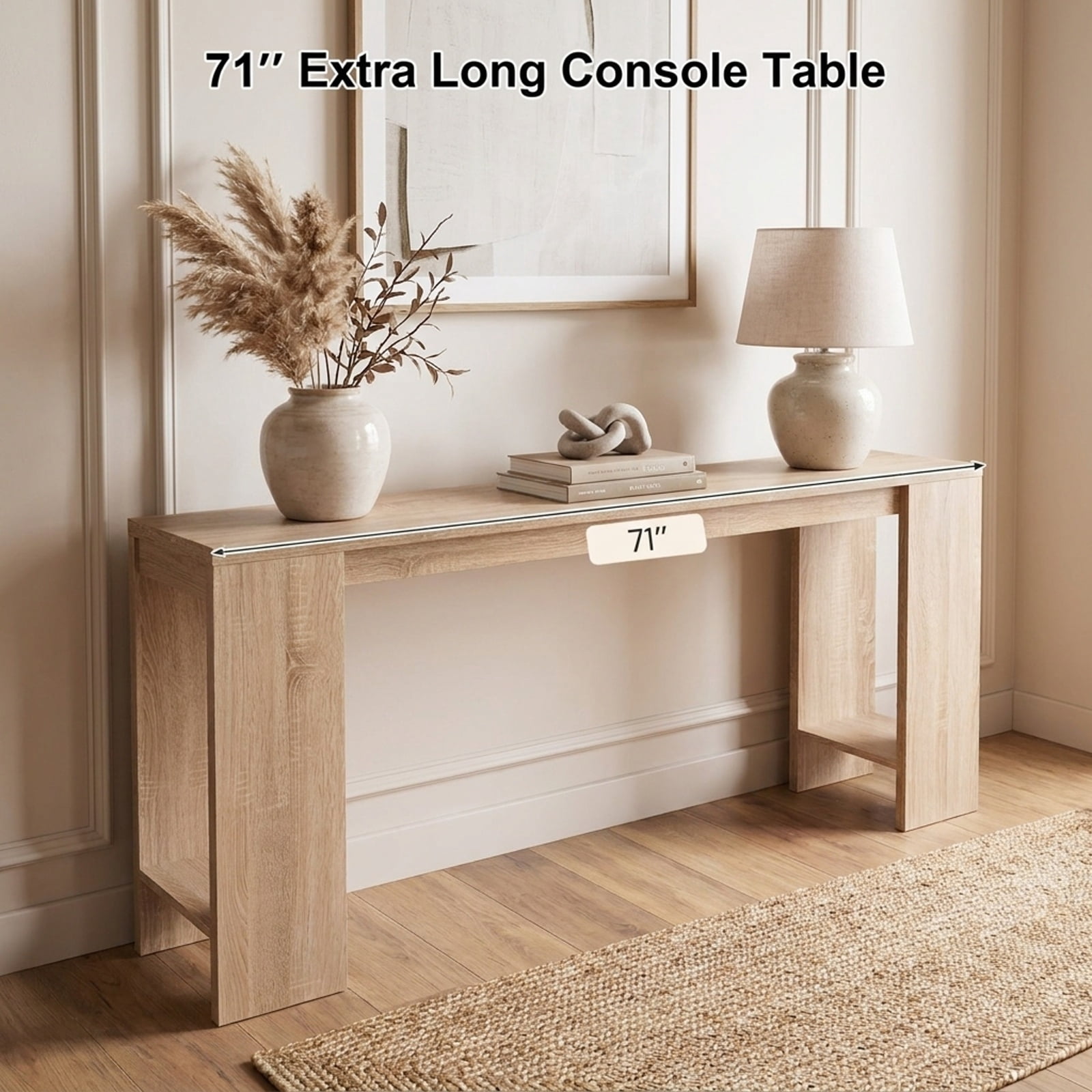 Furnibear 71 Inch Extra Long Console Table Entryway Table with Bottom Storage for Hallway Living Room Foyer Sofa, Natural