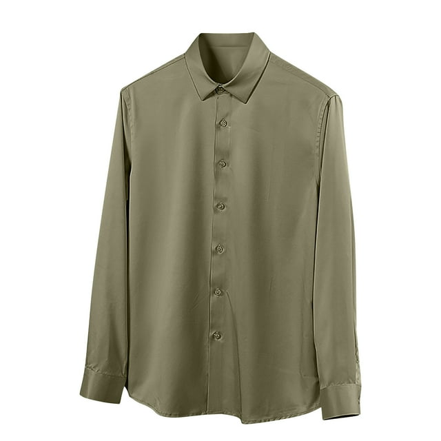 GreatBaby Men's Solid Color Blouses Long-Sleeved Classic Pointed Collar Tops with Button Closure Comfy Fabric Versatile for All Seasons(Army Green#1,3XL)