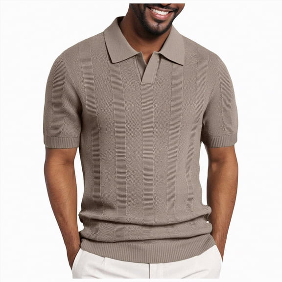 NOLDARES Mens Ribbed Knit Polo Shirt Classic Design Short Sleeve Collared Golf Casual Vacation Tops(Khaki,M)