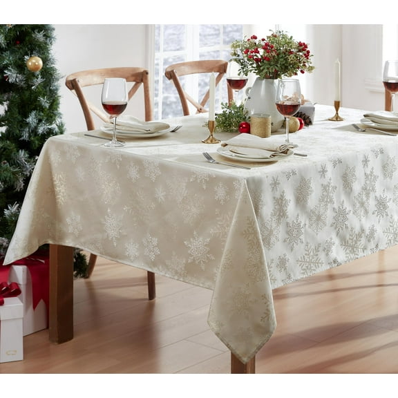 Christmas Fancy Ivory and Gold Metallic Snowflake 52 x 52 inch Square Fabric Dining Tablecloth
