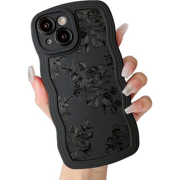 Wavy Phone Case for iPhone 15,Unique Curly Wave Frame & Rose Pattern, Black Soft Liquid Silicone Anti-Fingerprint Shockproof Full Coverage & Lens Protective Case iPhone 15-Rose