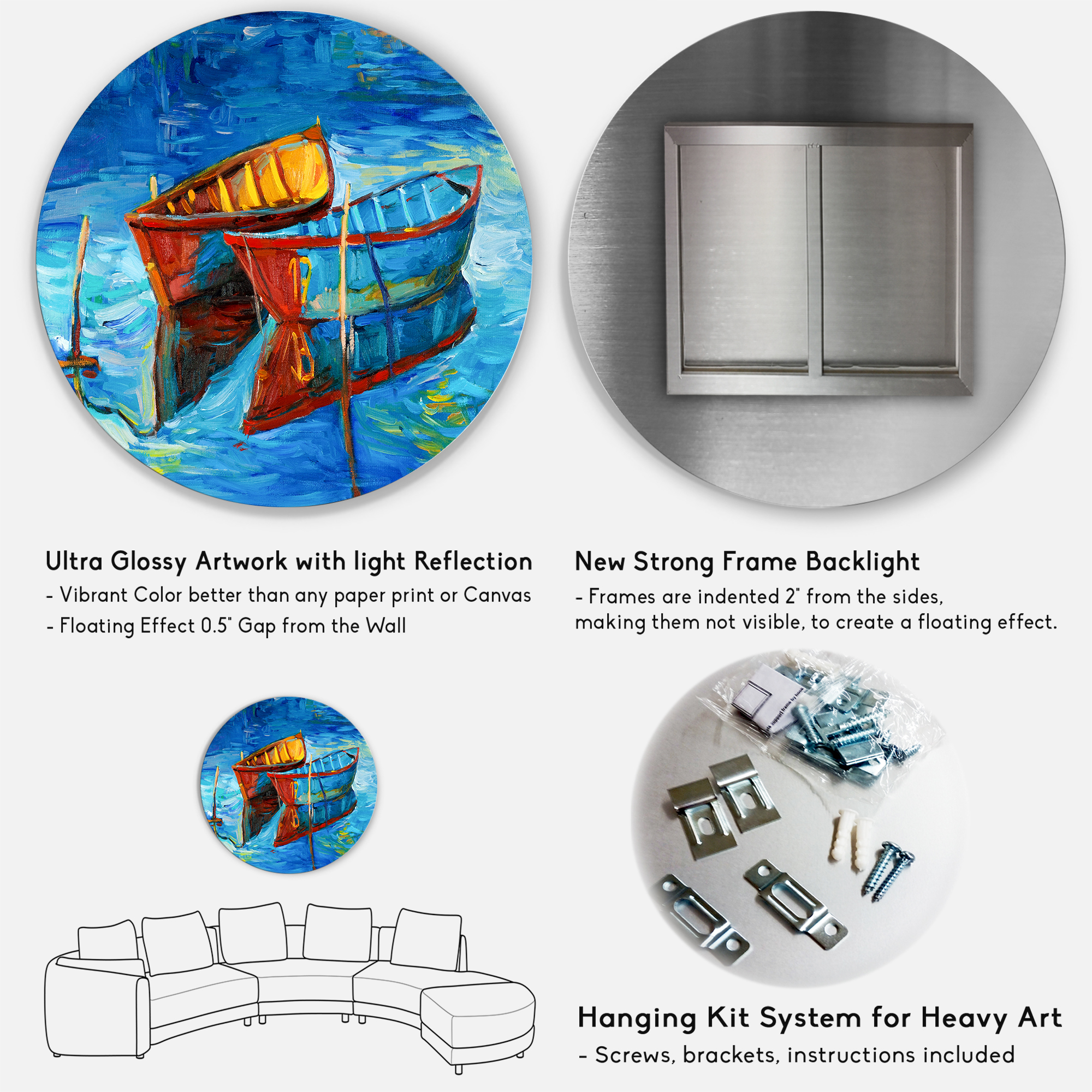 Designart 'Boat At The Lake During Evening Glow III' Nautical & Coastal Circle Metal Wall Art 36x36 - Disc of 36