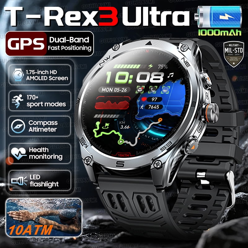 New Military T-Rex 3 Ultra GPS Smart Watch 1000mAh Battery 10ATM Waterproof Compass Flashlight Sports Smartwatch Men