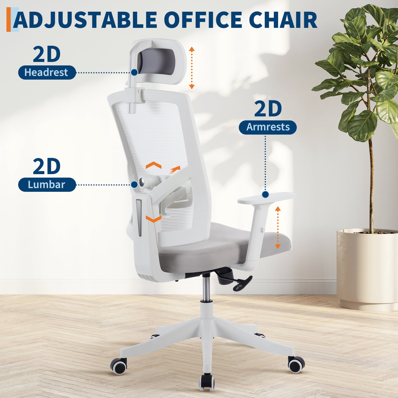 Ergonomic Office Chair with Adjustable Lumbar & Headrest, Adjustable Mesh Desk Chair with Lumbar Support, High Back Swivel Computer Chair with Armrests, Comfortable Desk Chair for Gaming, Studying