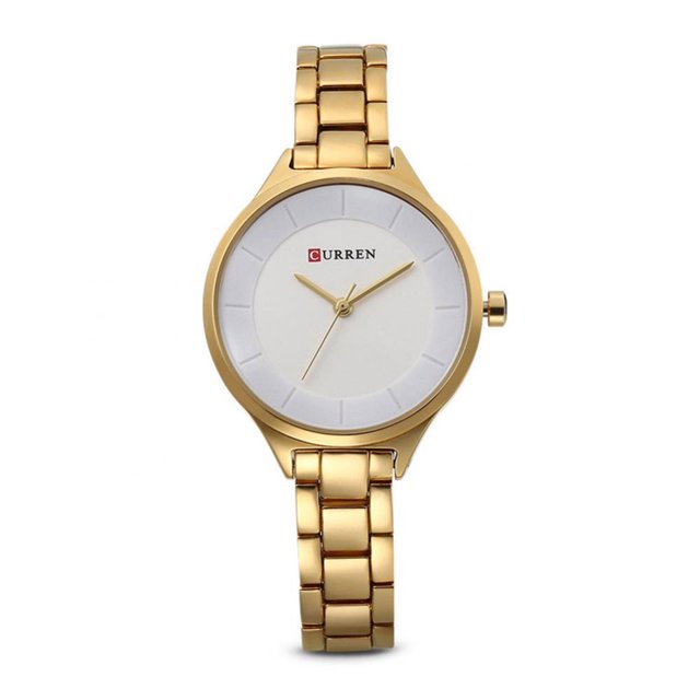 Reloj de cuarzo informal resistente al agua con banda de acero para mujer de nueva moda (esfera blanca con caja dorada)