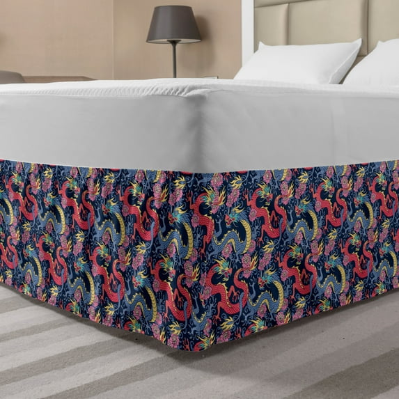 Dragon Bed Skirt, Highly Ornamented and Detailed Interpretations with Curves and Flowers, Elastic Bedskirt Dust Ruffle Wrap Around for Bedding Decor, 4 Sizes, Multicolor, by Ambesonne