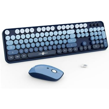 Wireless Keyboard and Mouse Combo – 2.4G Full-Sized Cute Colorful Mouse and Keyboard with 104 Round Keys Retro Typewriter Keyboard for Laptop/Windows/PC – Blue Gradient