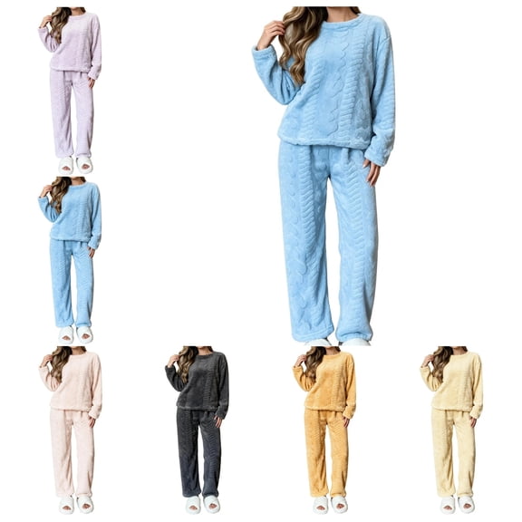 vzibsiv Pajamas for Women Set Fuzzy Fleece 2 Piece Long Sleeve Crewneck Top Wide Leg Pants Soft Warm Loungewear Blue