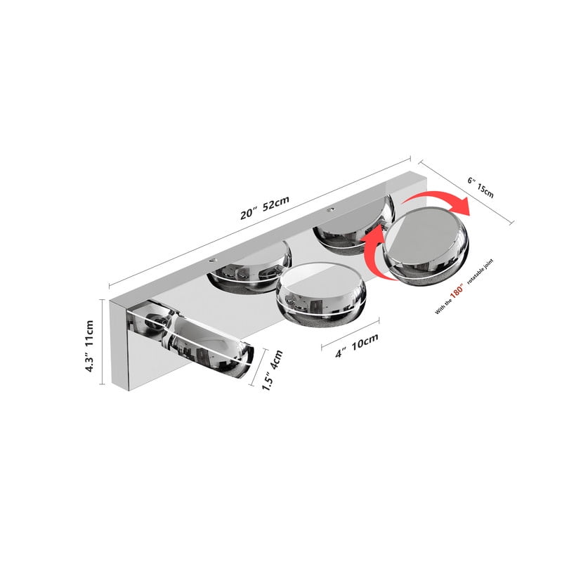 TICOZE 20 Inch 3-Light Modern Chrome LED Vanity Light Bar, 18W Energy-Efficient Bathroom Mirror Lighting Fixture with Cool White Illumination