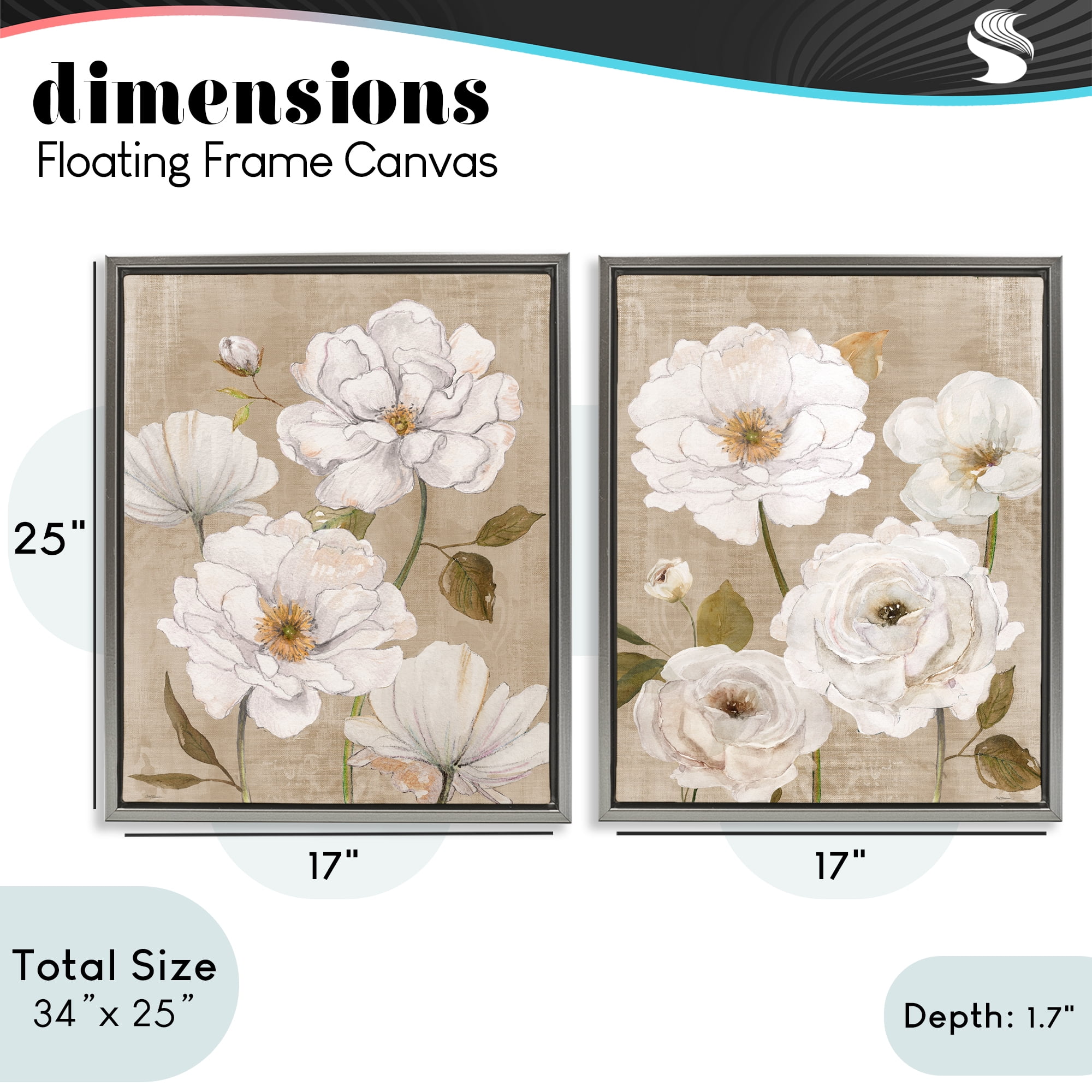 Stupell Industries White Blooms over Neutral 2 Piece Gray Framed Floater Canvas Set, design by Carol Robinson