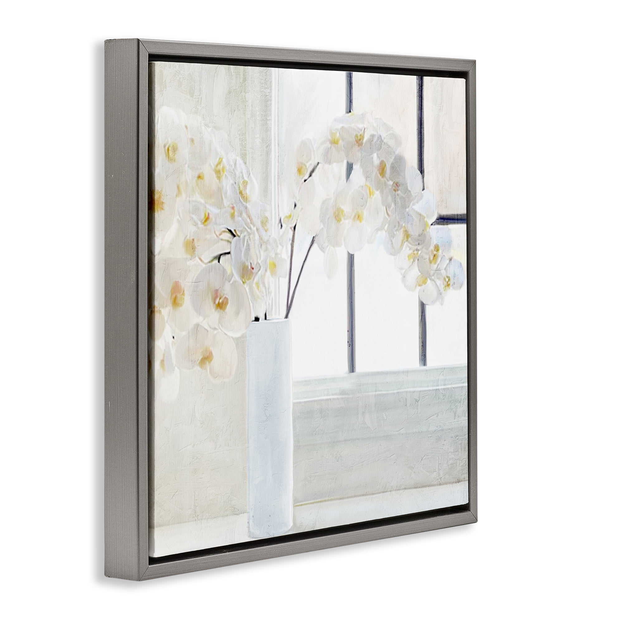 Stupell Industries Orchid Stems Windowsill Plants & Flowers Painting Gray Floater Framed Canvas Art Print Wall Art, 25 x 25