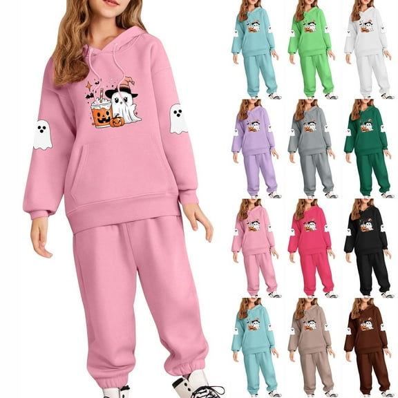 MKOSPLRT 5-14Y Girls Boys Fleece 2 Piece Outfits Pants Set Hoodies Sweatshirt and Jogger Sweatpants Halloween Hoodies Cinch Bottoms
