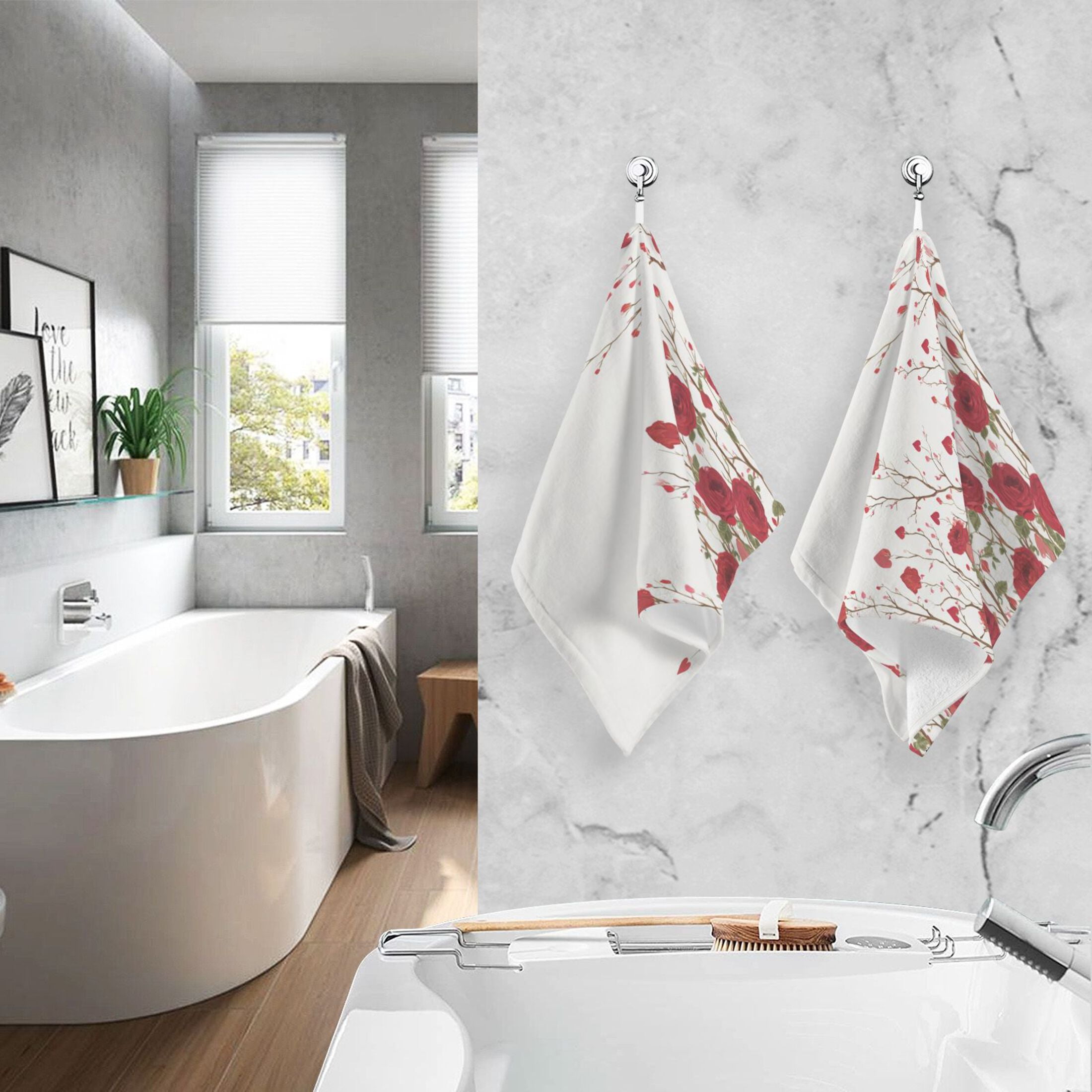 2 Pieces of Cotton Towel Face Towel Set Hand Towel Bath Towel Cotton Bath Towel Sets Red Rose Pattern