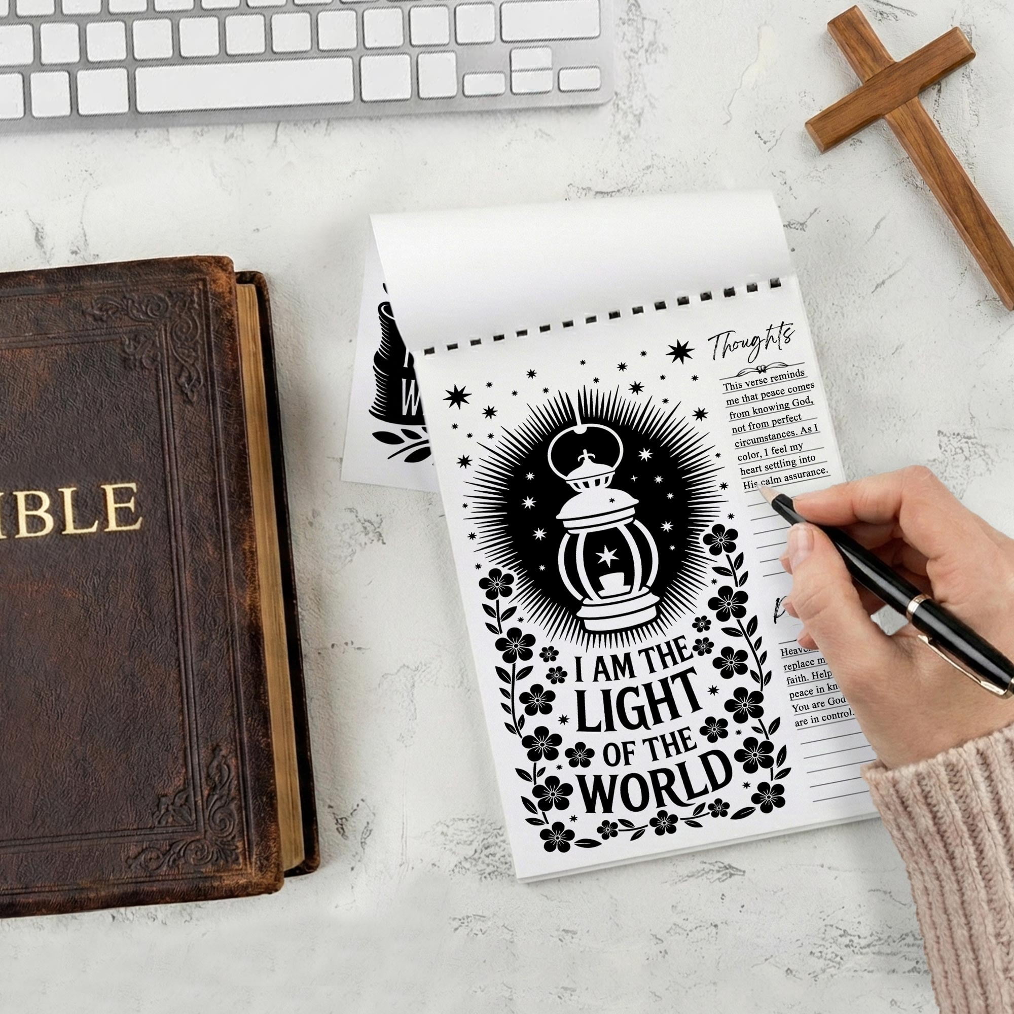 Monochrome Bible Verse Coloring Book for Adults, 30 Minimalist Scripture Art Pages with Reflection & Prayer Space, Spiral Bound, A4 or A5 Softcover or Wood Cover