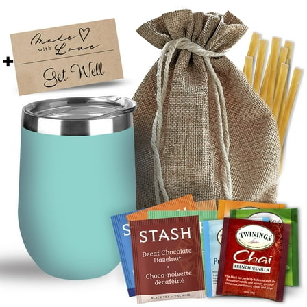 Bellina Tea Gift Baskets for Women and Men - Get Well Care Package - Insulated Cup, 20 Premium Teas, 10 Honey Straws, Gift Tag & Bag