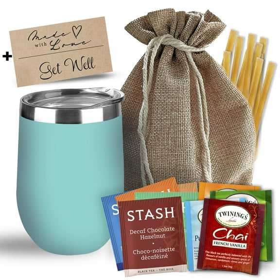 Bellina Tea Gift Baskets for Women and Men - Get Well Care Package - Insulated Cup, 20 Premium Teas, 10 Honey Straws, Gift Tag & Bag