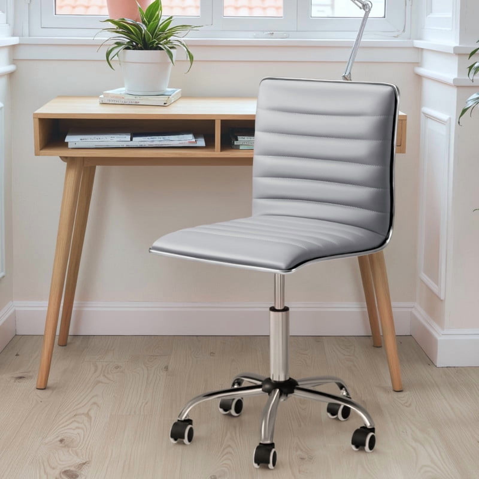 Furmax Leather Swivel Office Chair - Mid Back Vanity Chair for Makeup Desk, Armless Ribbed Task Chair with Ergonomic Support (Light Gray)