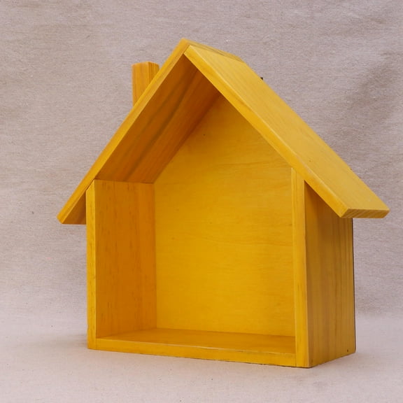 SOPOTUTU Small Wooden Wall Shelf Rack in House Shape with Yellow Finish for Home Storage and Decorative Display