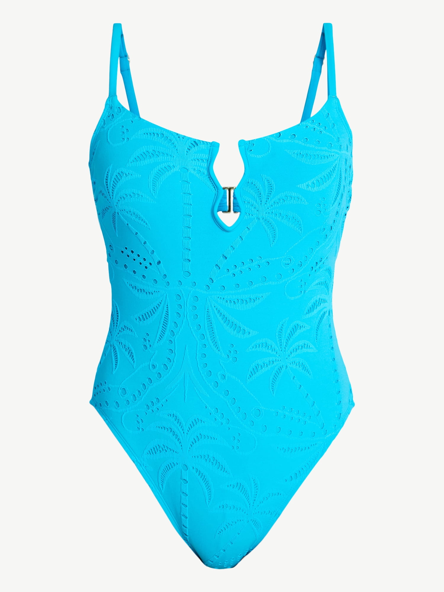 Time and Tru Women's and Women's Plus Size Eyelet Embroidered V Wire One Piece Swimsuit, Sizes XS-3X