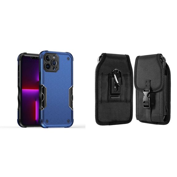 Case with Belt Holster Bundle for iPhone 14 Plus: Slim EX Hybrid Series Shockproof Case (Blue) and Vertical Nylon Buckle Phone Pouch