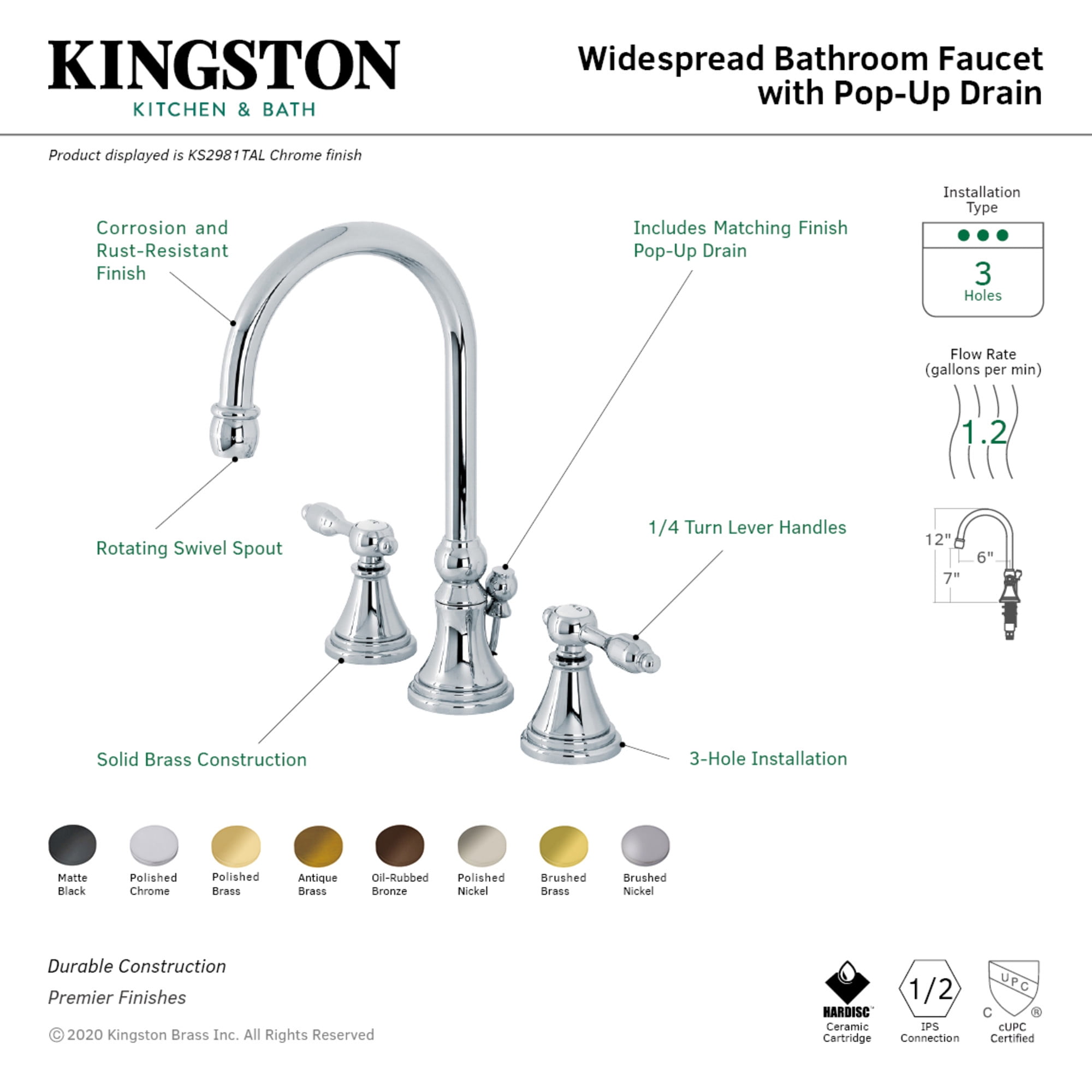 Kingston Brass KS2986TAL Tudor Widespread Bathroom Faucet with Brass Pop-Up, Polished Nickel
