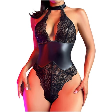 XMMSWDLA Women  s Deep V Neck Sleeveless Pu Leather Skinny Bodysuit Halter Top Women christmas pajamasblack
