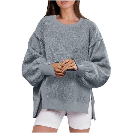 successthop Womens Sweatshirts Side Slit Fleece Crewneck Long Sleeve Sweaters Pullover Tops Solid Fall Winter Streetwear