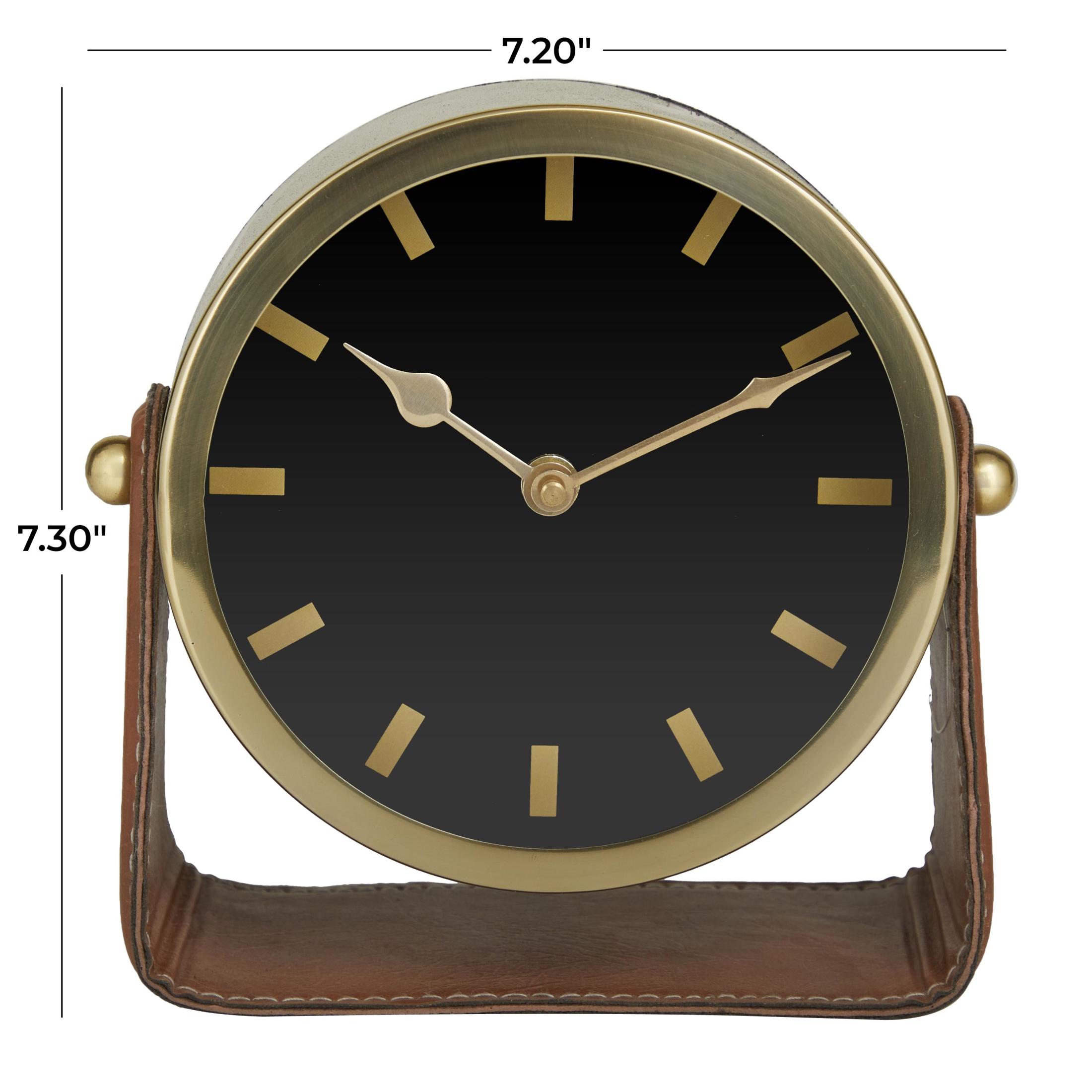 DecMode Stainless Steel Modern Round Decorative Desk Clock 7"W x 7"H, with Metallic Gold and Leathery Brown Stand