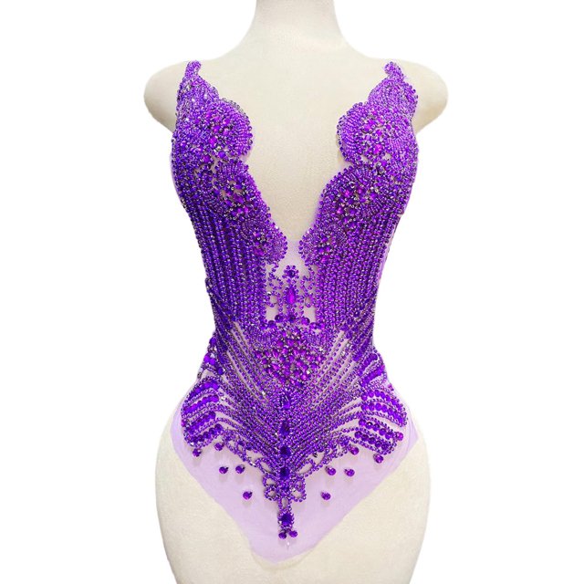 Aplique con lentejuelas y diamantes de imitación para ropa de vestir, 24 x 38 cm, color morado