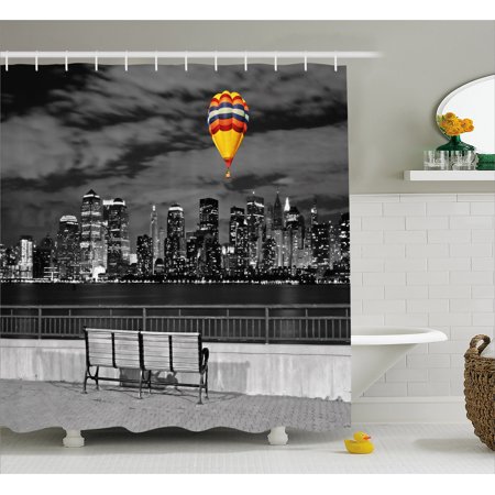 Black and White Shower Curtain, NYC Skyline from Liberty State Park with Vibrant Air Balloon in Sky Print, Fabric Bathroom Set with Hooks, Multicolor, by