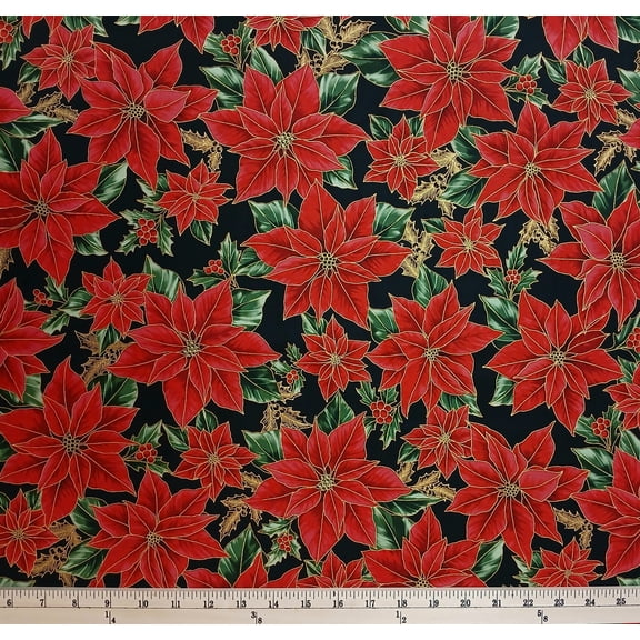 Cotton Blooming Holidays Poinsettia Flowers Christmas Holidays Winter Season Hoffman California Fabrics Cotton Fabric Print by the Yard (D7787-4G-BLACK/GOLD)