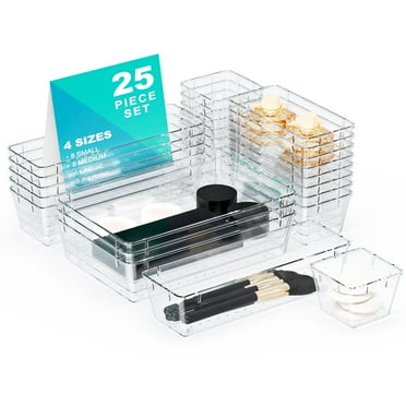 25PCS Clear Plastic Drawer Organizer Set: 4 Sizes Desk Drawer Dividers & Storage Bins for Makeup, Jewelry, Gadgets, Kitchen, Bedroom, Bathroom, Office Organization