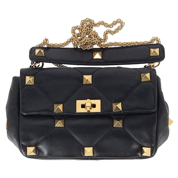 Pre-Owned Valentino Roman Stud Large Shoulder Bag in Black Leather